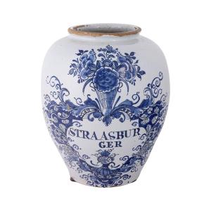 A Delft Earthenware Tobacco Pot, Inscribed Strasbourg, 18th Century