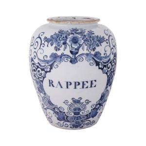 Dutch Delftware Tobacco Jar: Rappee, 18th Century