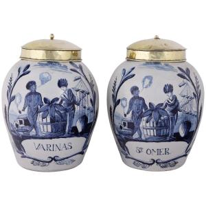 Deux Pots à Tabac Hollandais En Faïence De Delft Avec Couvercles d'Origine : Varinas St. Omer, 