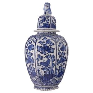 Grand Vase à Couvercle En Faïence De Delft Avec Lion Du Début Du XVIIIe Siècle