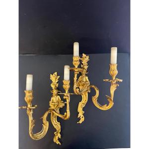 Pair Of Louis XXV 19th Century Gilt Bronze Sconces