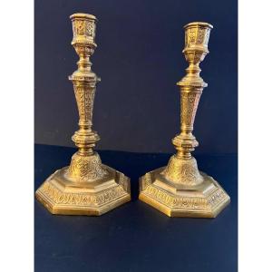 Pair Of Candlesticks In Gilt Bronze Regency Period