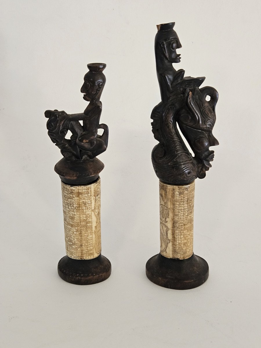 2 Boites  à Médecine Batak Sumatra Toba En Bois Et Os Sculpté-photo-2