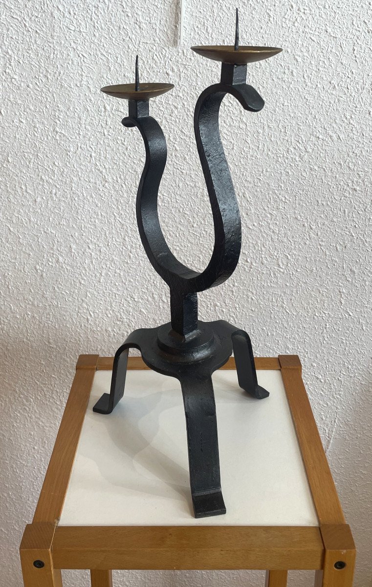 Wrought Iron Candle Holder Circa 1950, Two Arms Of Light Dlg Atelier De Marolles-photo-3