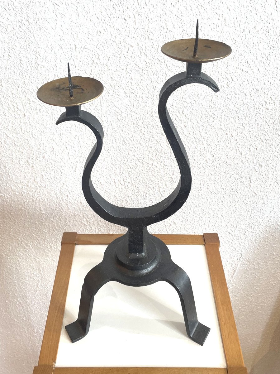 Wrought Iron Candle Holder Circa 1950, Two Arms Of Light Dlg Atelier De Marolles