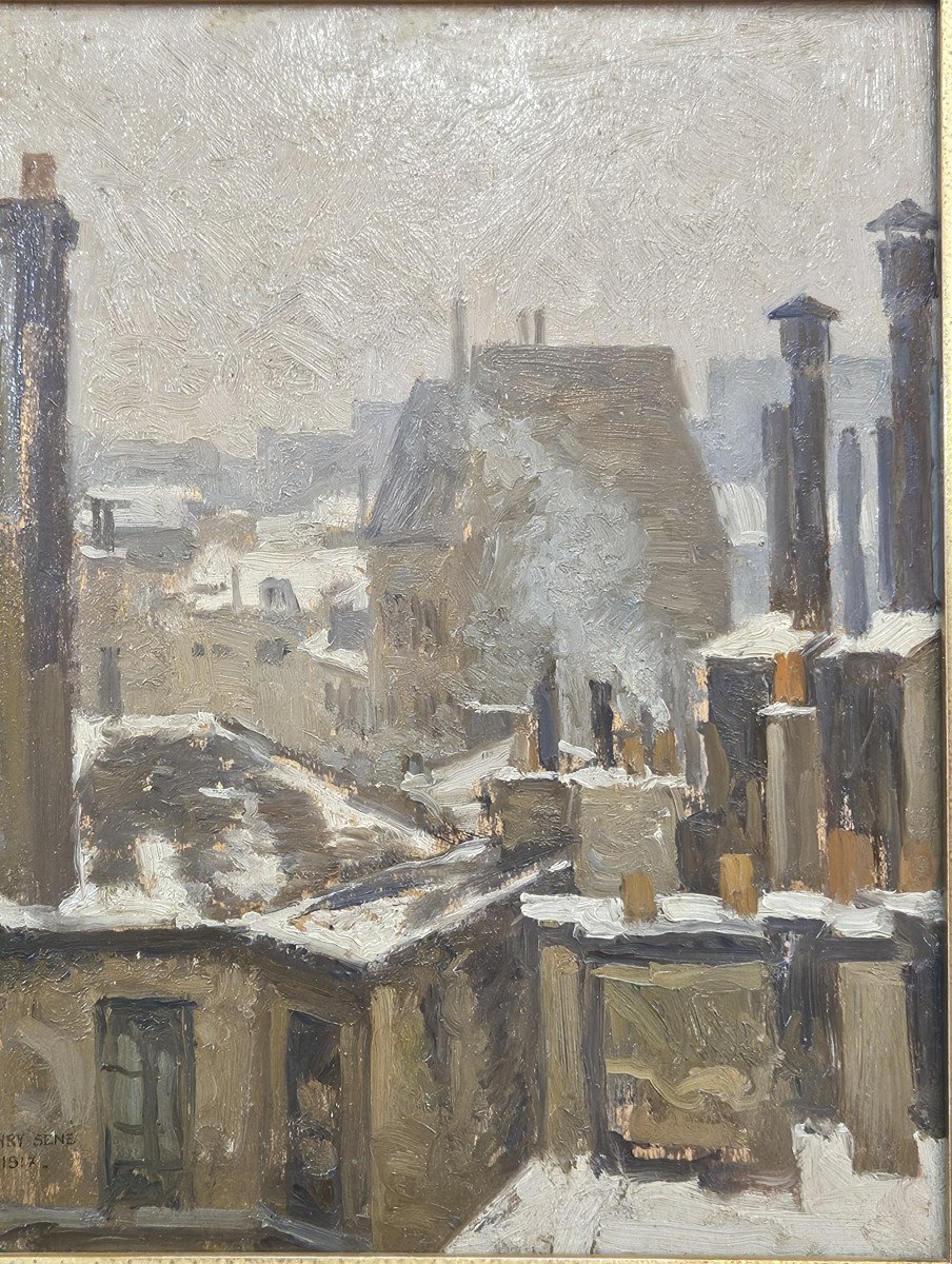 Henry Sené (1889-1961) les toits de Paris rue de Sèvres huile sur bois-photo-2