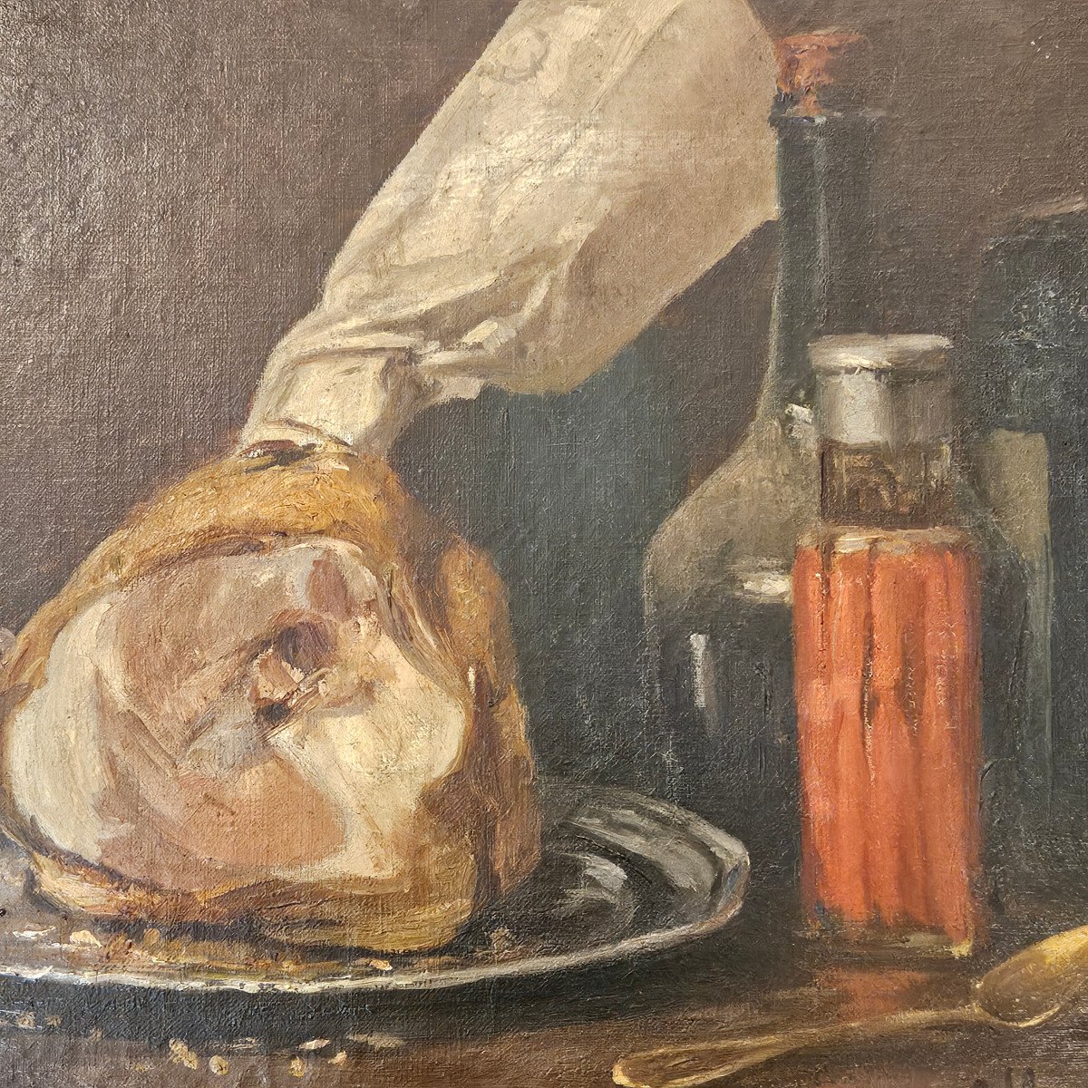 Alfred Benoit Caillaud (1855-1940) Nature morte au jambon hst-photo-4