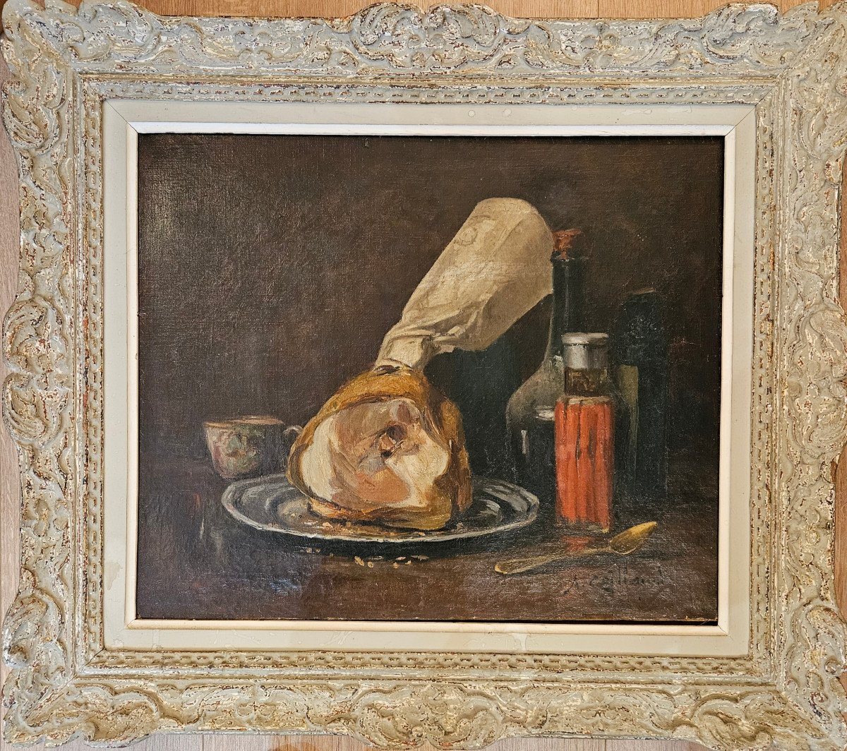 Alfred Benoit Caillaud (1855-1940) Nature morte au jambon hst