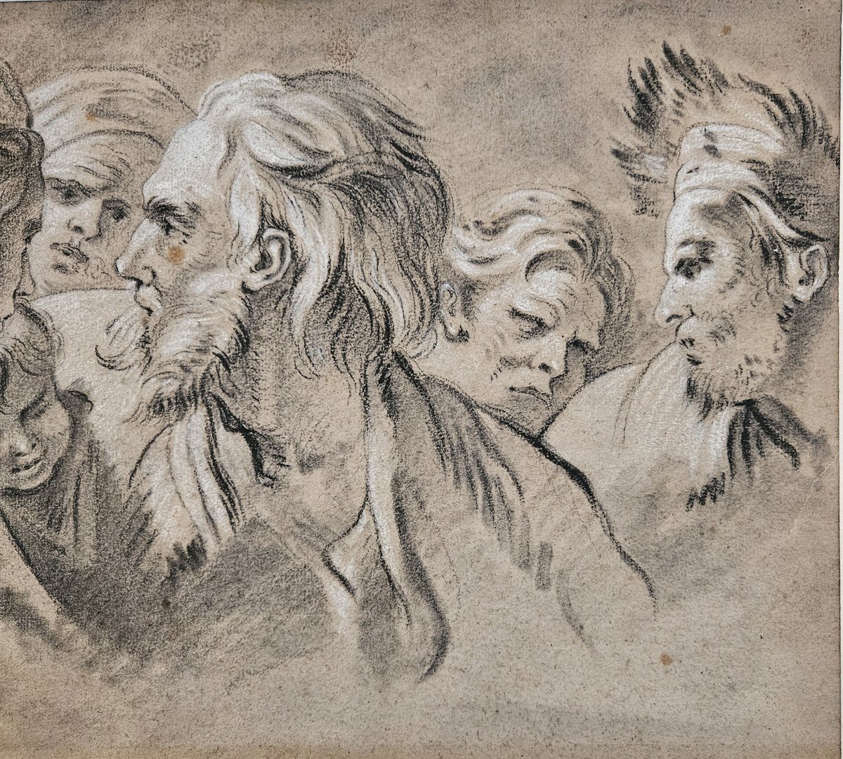 School Of François Boucher XVIIIème Studies Of Heads Drawing-photo-3