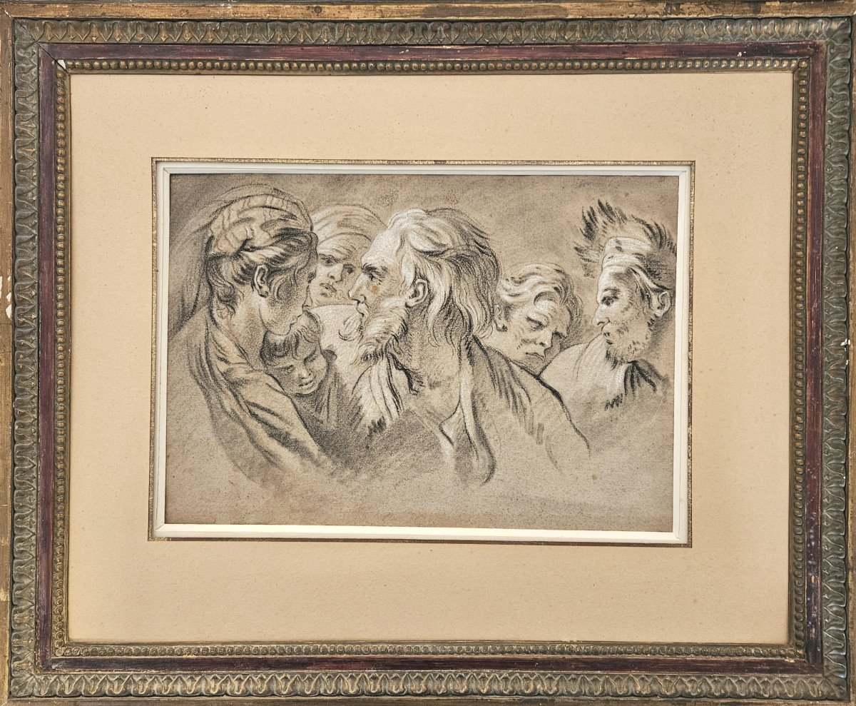 School Of François Boucher XVIIIème Studies Of Heads Drawing