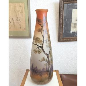 Grand Vase En Verre à Décor De Paysage, Verrerie Leune (1861-1930)