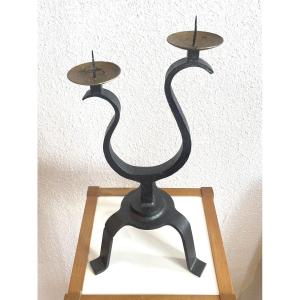 Wrought Iron Candle Holder Circa 1950, Two Arms Of Light Dlg Atelier De Marolles