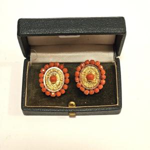 Boucles d'Oreilles Corail Or Et Argent Napoléon III