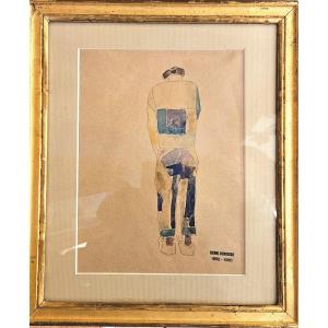 Henri Duringer (1892-1980) Breton Sailor Standing Seen From Behind Watercolor 