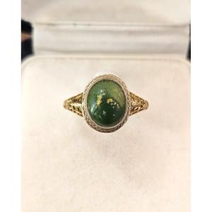 14k Gold Ring With Green Stone Cabochon, 19th Century 