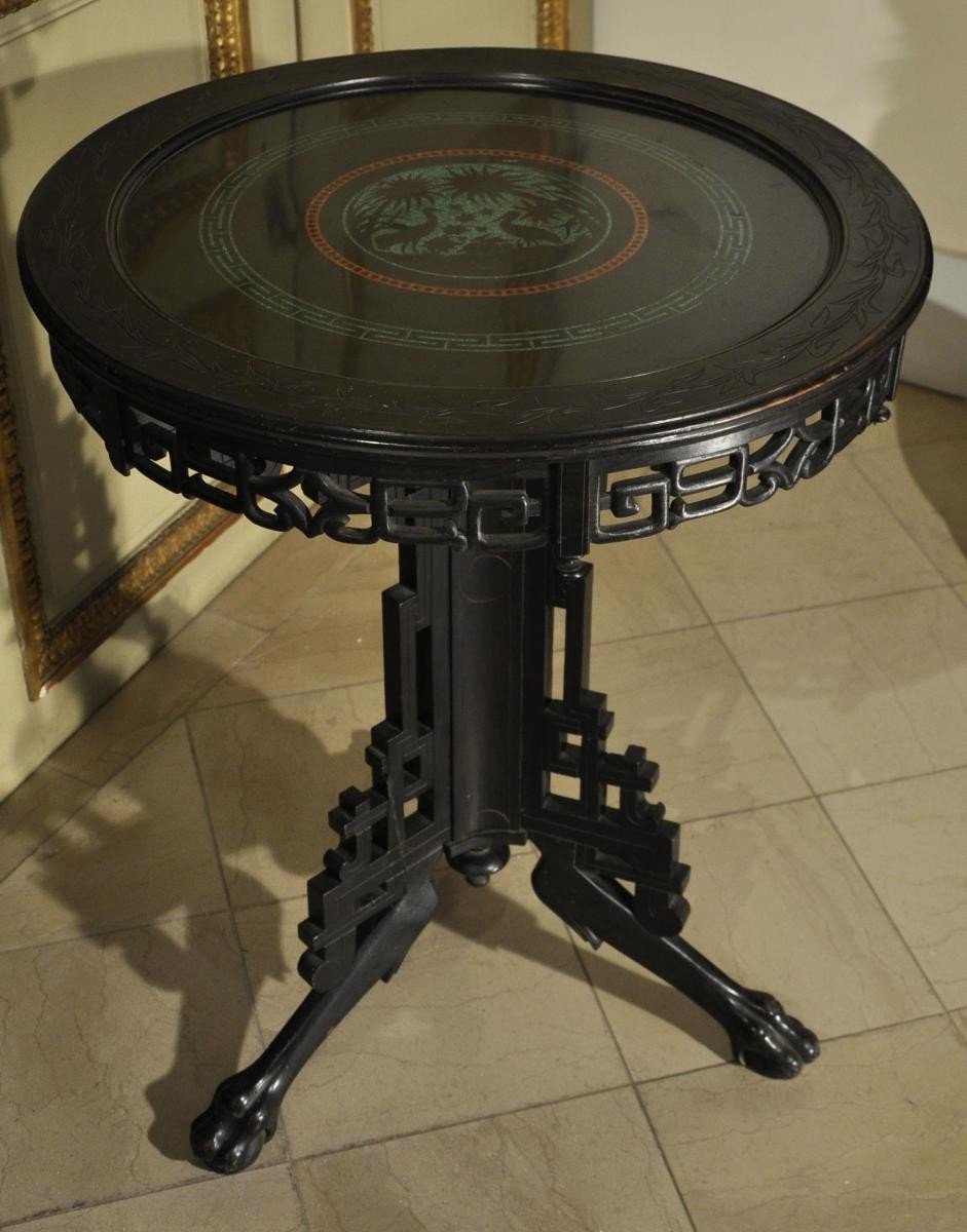 Pedestal Table In Blackened Pearwood With Malachite Inlay Decor