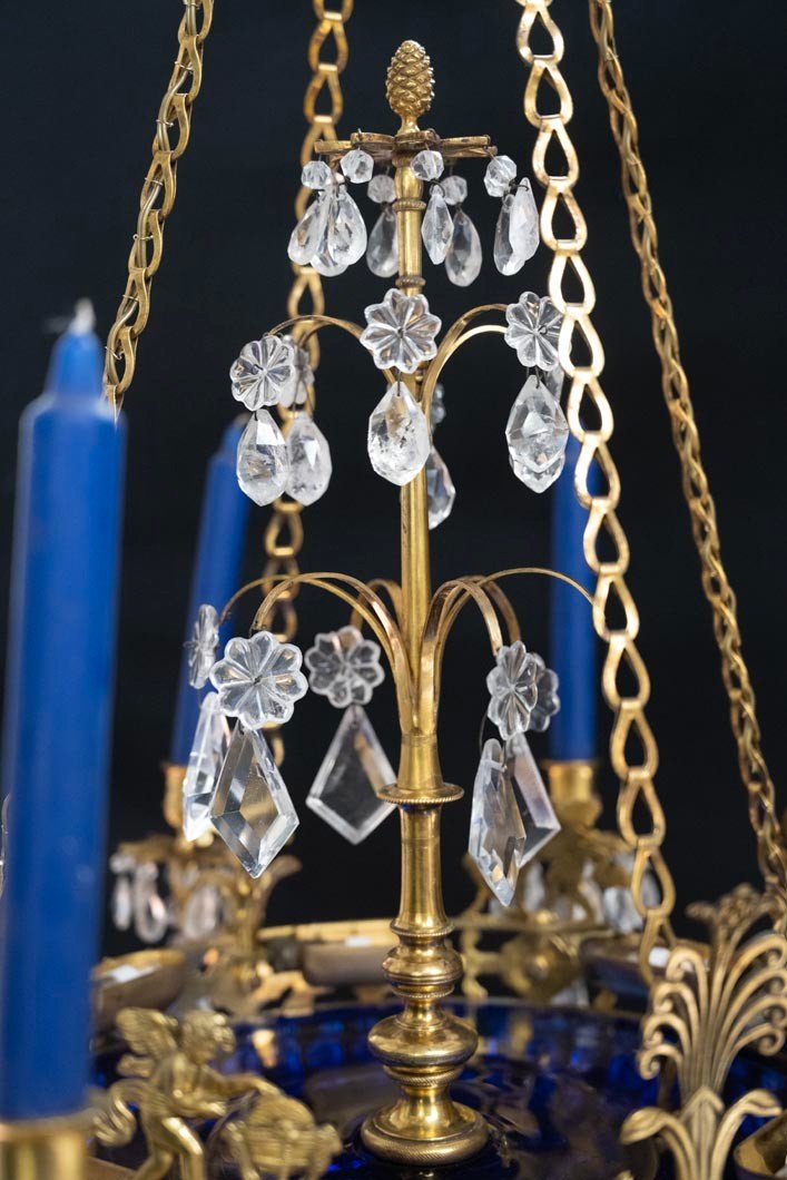 Chandelier In Rock Crystal, Blue Glass And Gilt Bronze, Sweden, Circa 1830.-photo-3