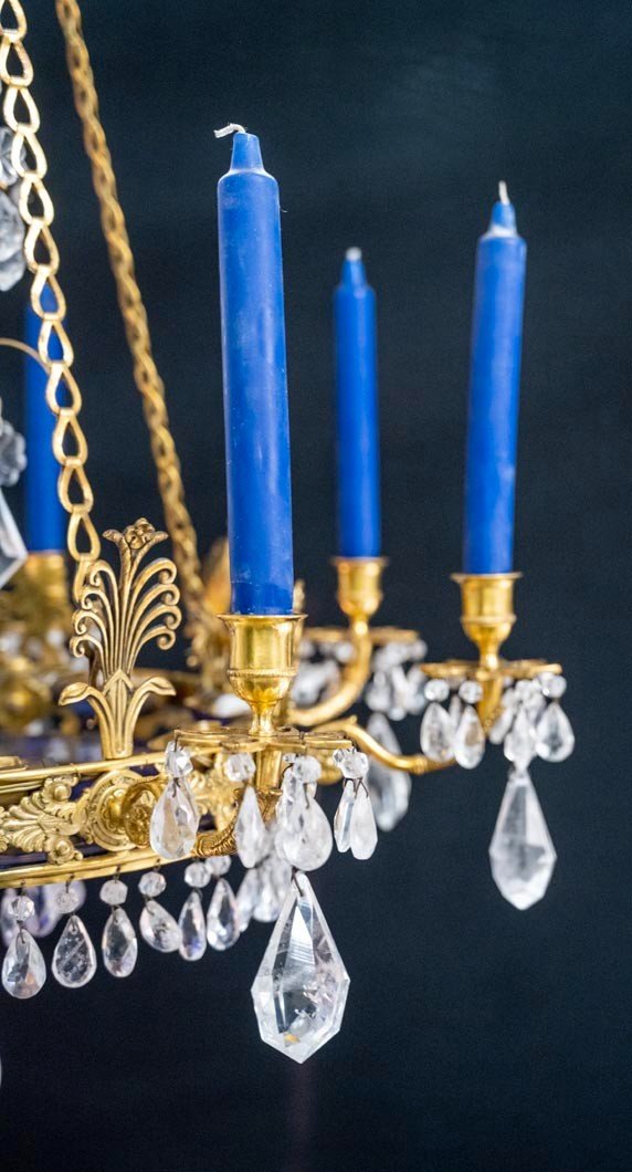 Chandelier In Rock Crystal, Blue Glass And Gilt Bronze, Sweden, Circa 1830.-photo-4