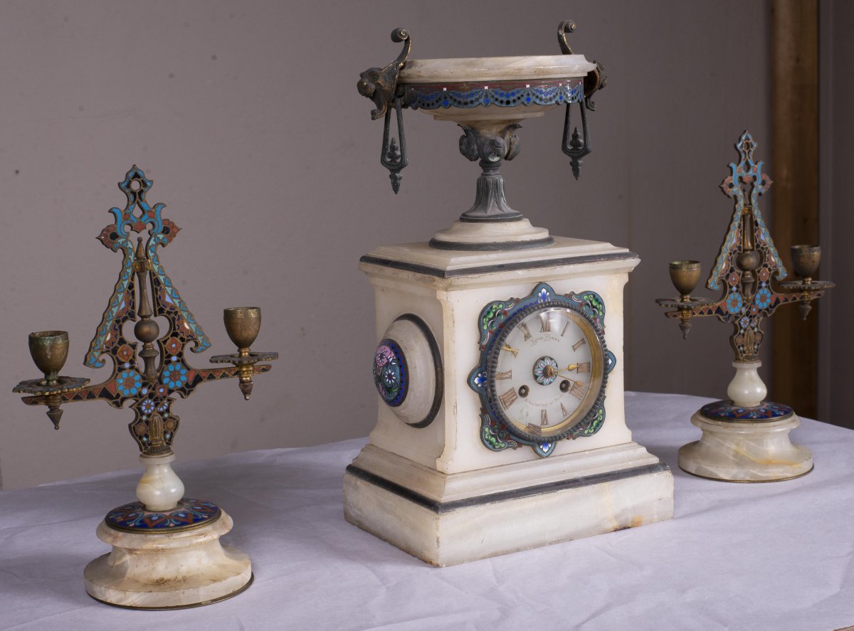 Napoleon III Clock Set By Eugène Cornu In Algerian Onyx And Cloisonne Enamel-photo-1