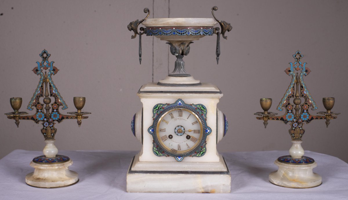 Napoleon III Clock Set By Eugène Cornu In Algerian Onyx And Cloisonne Enamel