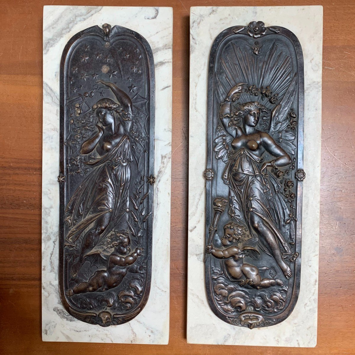 Pair Of Bronze Bas-reliefs Day And Night, Edward William Wyon Nineteenth Century