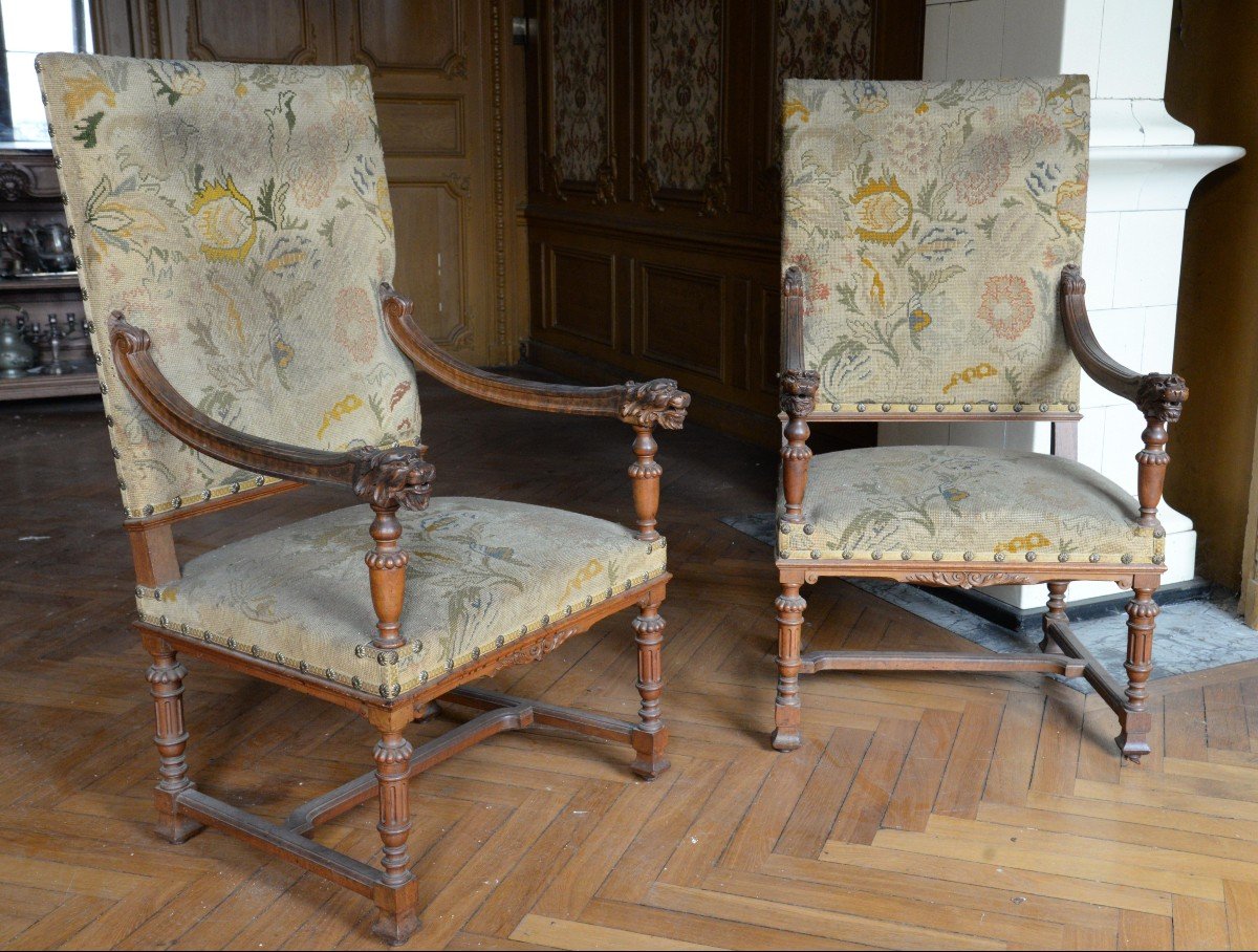 Pair Of Louis XIII Style Armchairs In Walnut With Lion Heads-photo-2