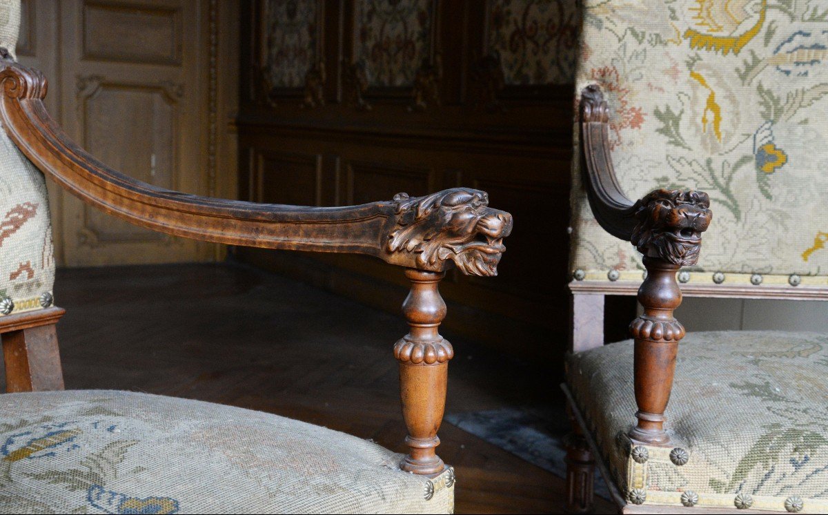 Pair Of Louis XIII Style Armchairs In Walnut With Lion Heads-photo-2