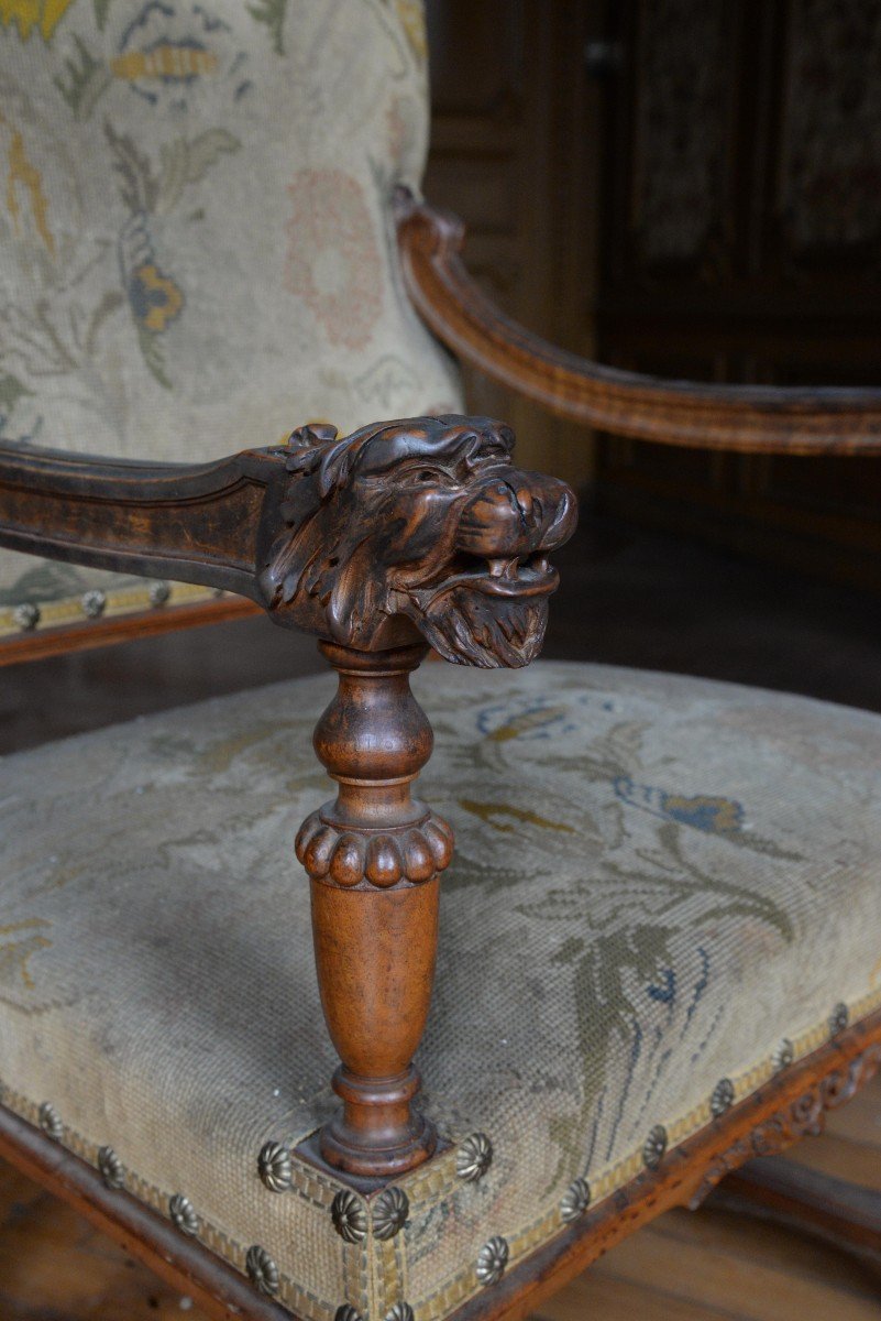 Pair Of Louis XIII Style Armchairs In Walnut With Lion Heads-photo-3