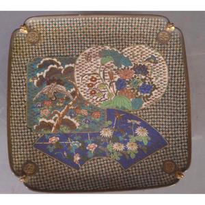 Tray In Cloisonné Enamels Decorated With Fans