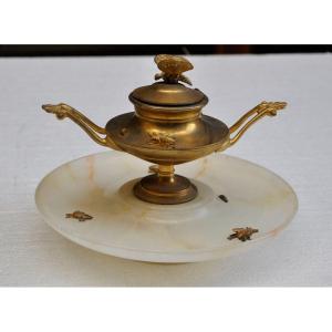 Napoleon III Inkwell In Alabaster And Gilt Bronze Decorated With Insects