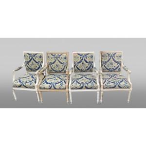 Set Of Four Queen Armchairs In Carved Wood, Louis XVI Period