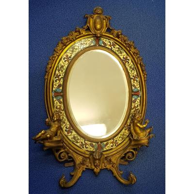Miroir De Toilette Ovale En Bronze Doré à Décor d'émaux Cloisonnés