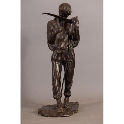 Alfredo Pina, Peasant Sharpening His Scythe, Bronze With Brown Patina