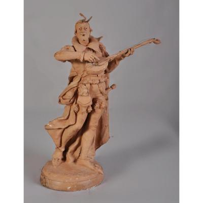 Jemeur De Luth, Plaster Sculpture Tinted Terracotta Signed I. Bouet