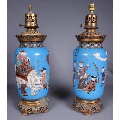 Pair Of Oil Lamps With Japanese Decor From The End Of The 19th Century