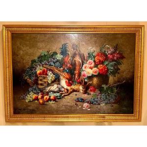 Nature Morte Aux Fleurs Fruits Et Gibier Par Max Carlier 