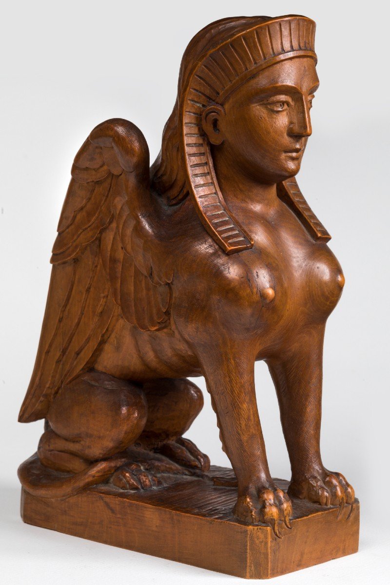 Monoxyl Wooden Sphinx Sculpture-photo-3