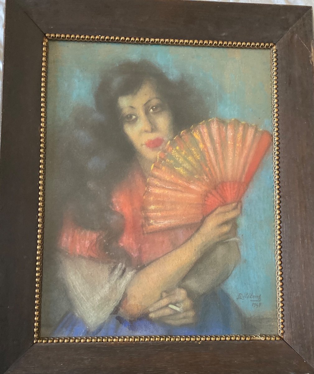 Delétang Robert (1874-1951) “spanish Fan” Pastel Signed And Dated.