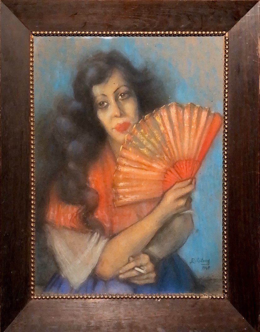 DELÉTANG Robert-Adrien(1874-1951) « espagnole à L’éventail « pastel Signé Et Daté.