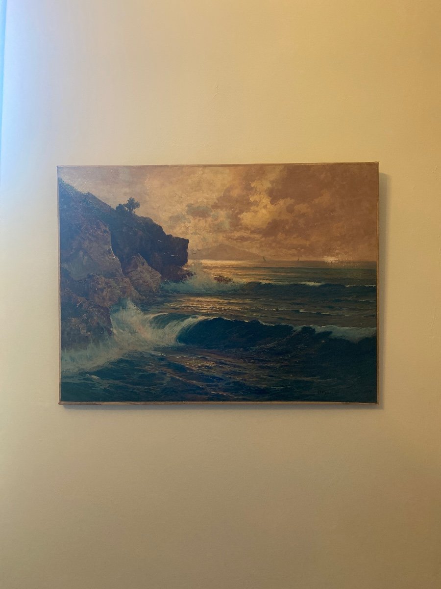 Oil On Canvas "waves On The Rocks" Signed O.marlini-photo-4