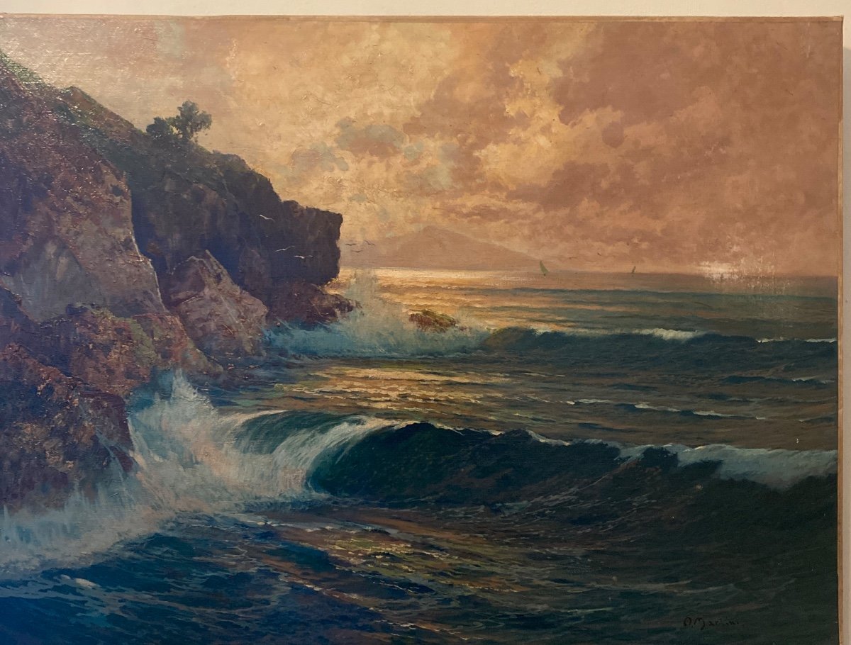 Oil On Canvas "waves On The Rocks" Signed O.marlini