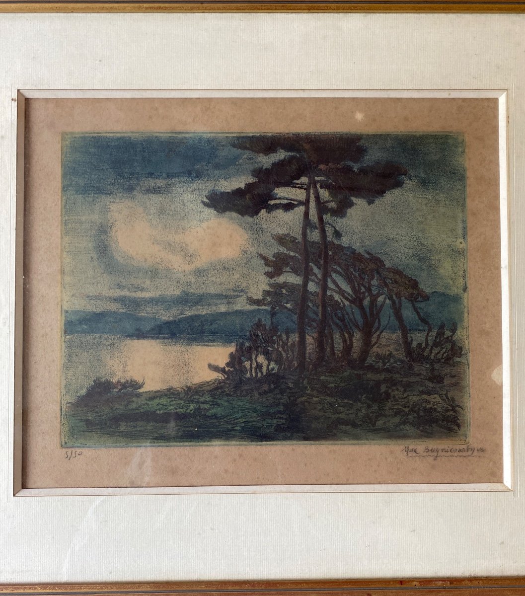 François Max  BUGNICOURT (1868-1936) Gravure En Couleur «lever De Jour Sur Le Lac »-photo-2