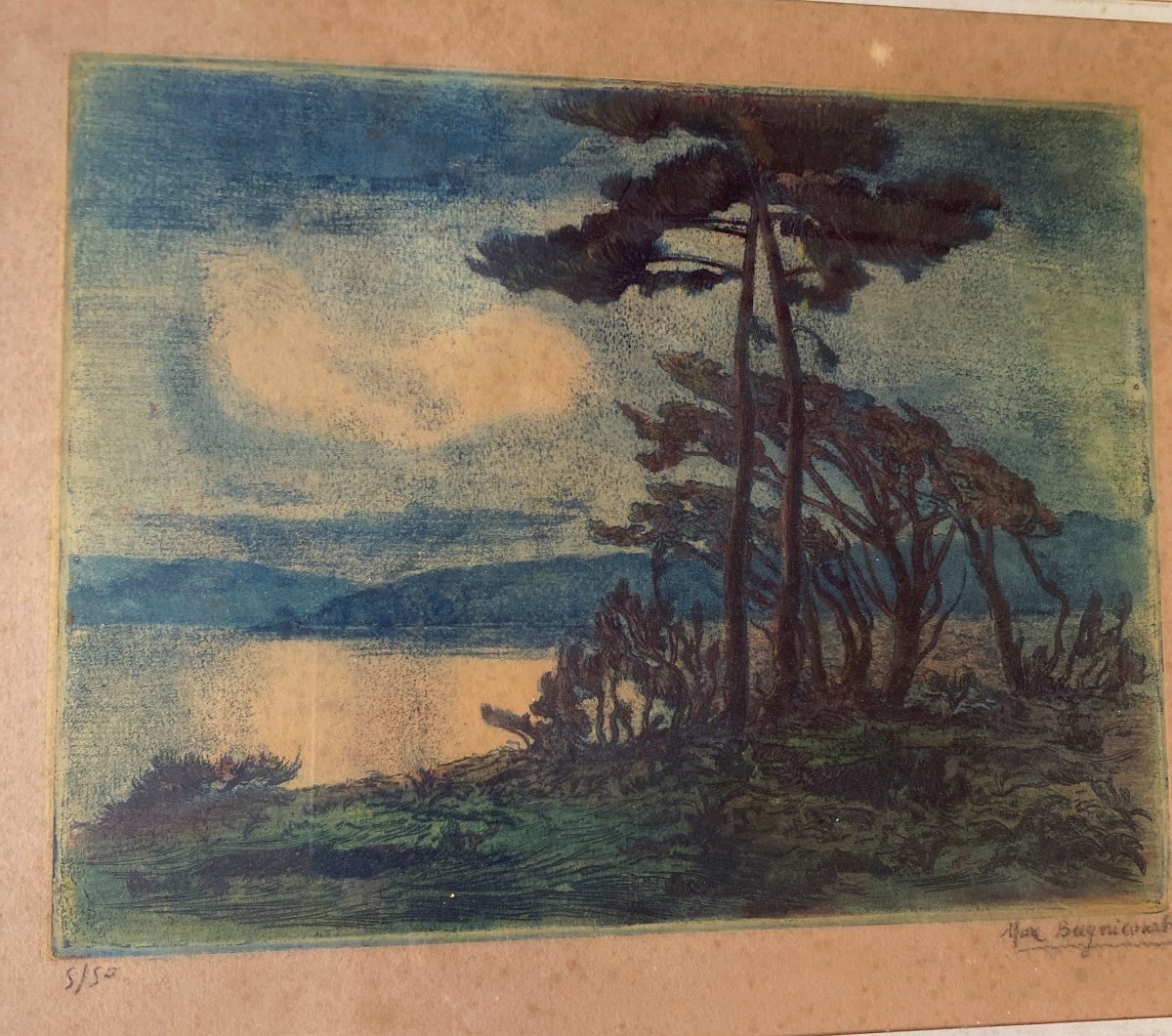 François Max  BUGNICOURT (1868-1936) Gravure En Couleur «lever De Jour Sur Le Lac »-photo-1