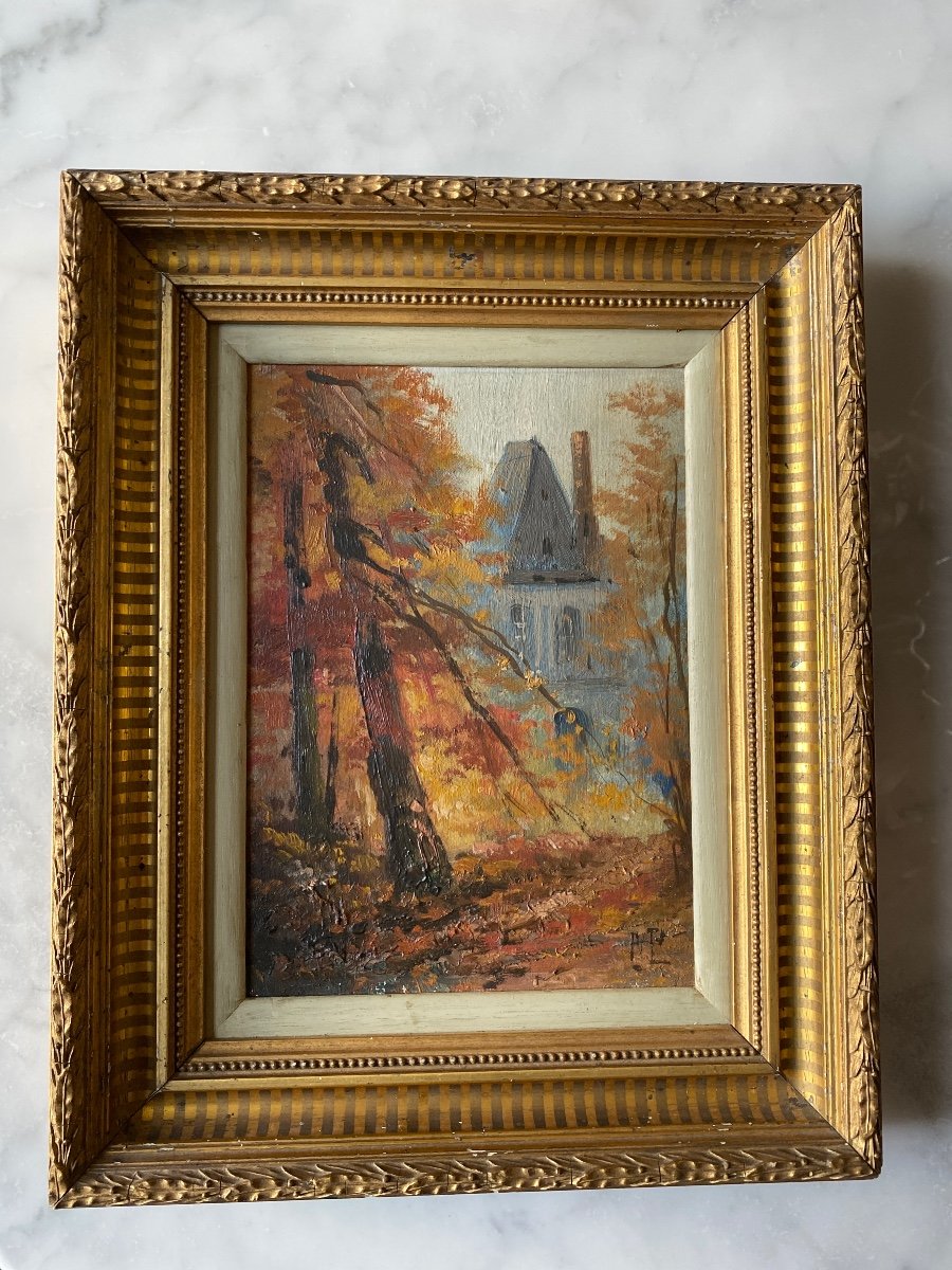 Oil On Wood 20th Century “the House In The Woods” Signed-photo-2