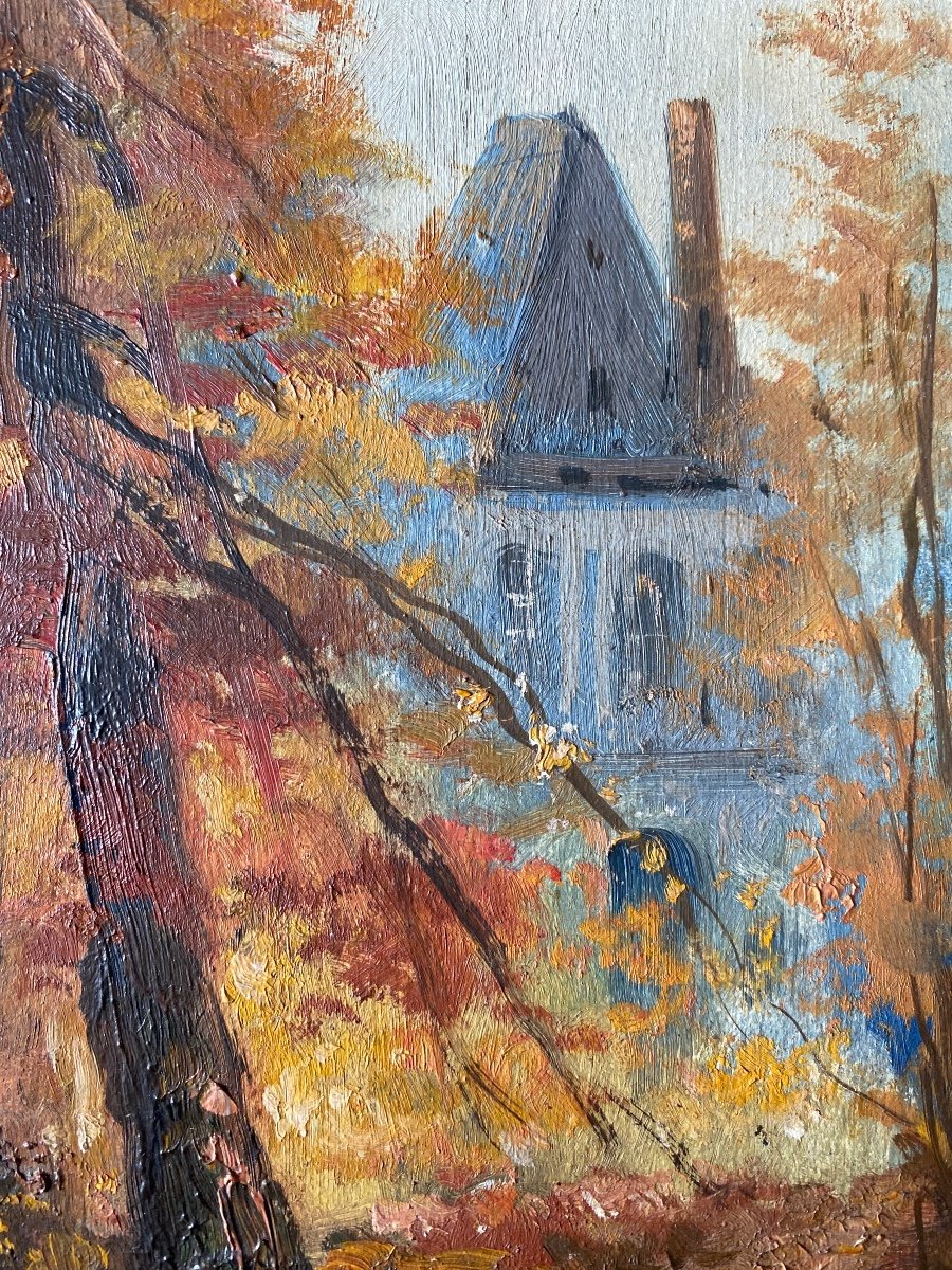 Oil On Wood 20th Century “the House In The Woods” Signed-photo-1