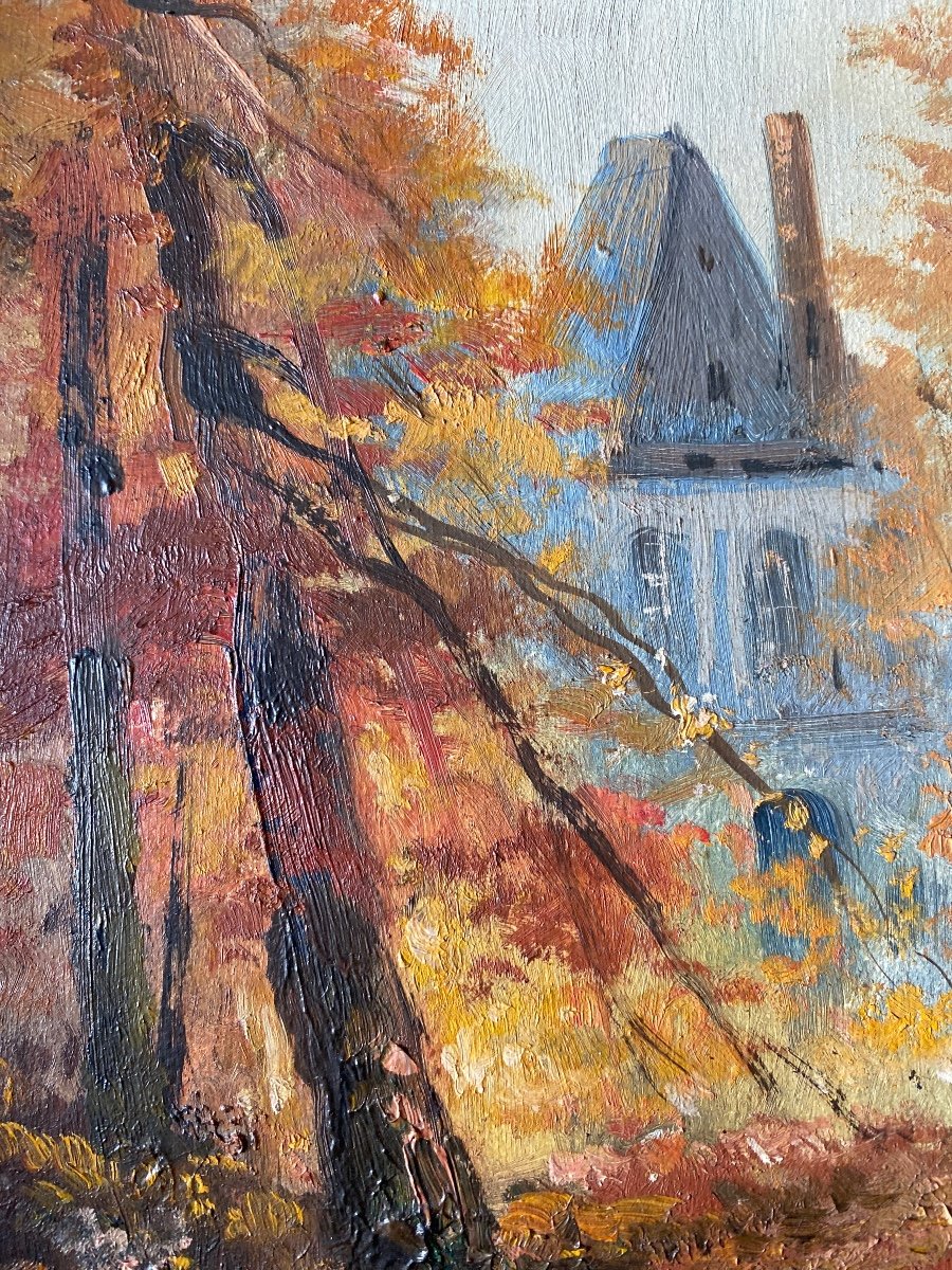 Oil On Wood 20th Century “the House In The Woods” Signed-photo-2