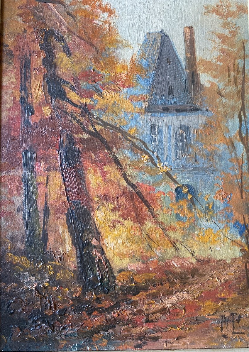 Oil On Wood 20th Century “the House In The Woods” Signed-photo-4