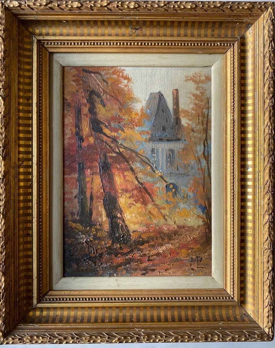 Oil On Wood 20th Century “the House In The Woods” Signed