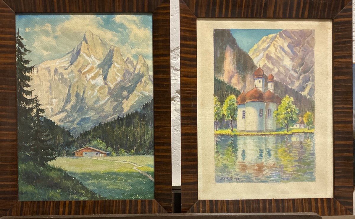 F.krauss Pair Of Watercolors Signed And Dated 1941 