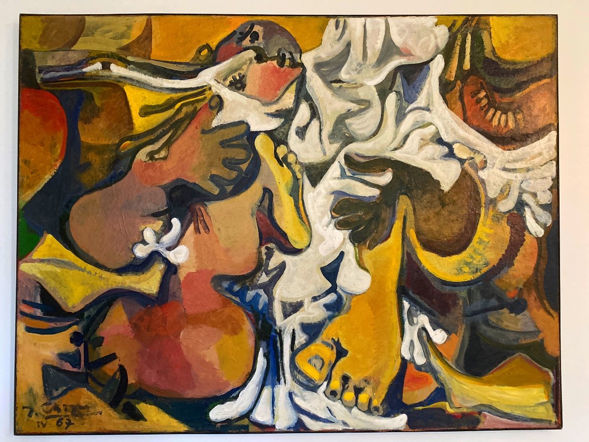 JEAN GEORGES CHAPE (1913-2002) Huile  sur bois Signée Et Datée «couple Enlacé »-photo-6